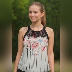 WHITE‎ HOUSE BLACK MARKET Barbiecore boho chic lace flowy floral top (#888)
